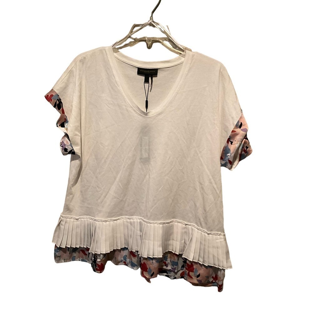 Donna Karan Morning Dew T-Shirt Women's L White Ruffle Short Sleeve Cotton Blend